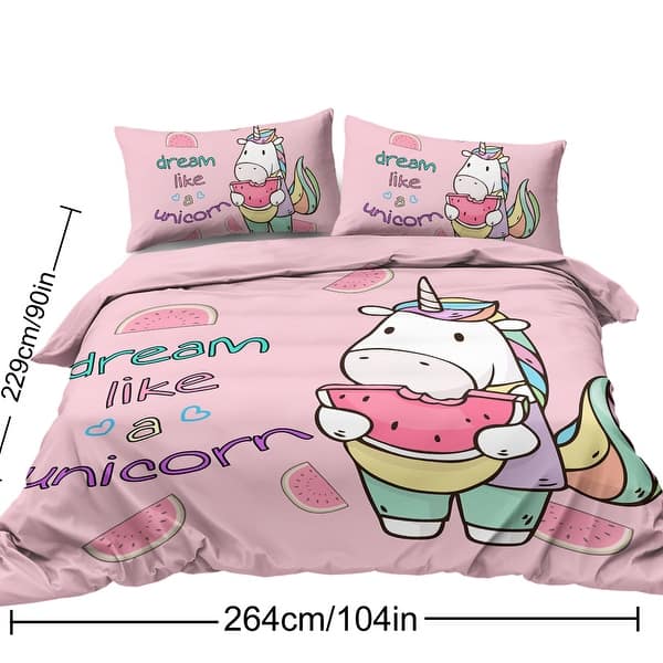 3-Piece Unicorn Watermelon Duvet Cover Set for Queen Size Bedding