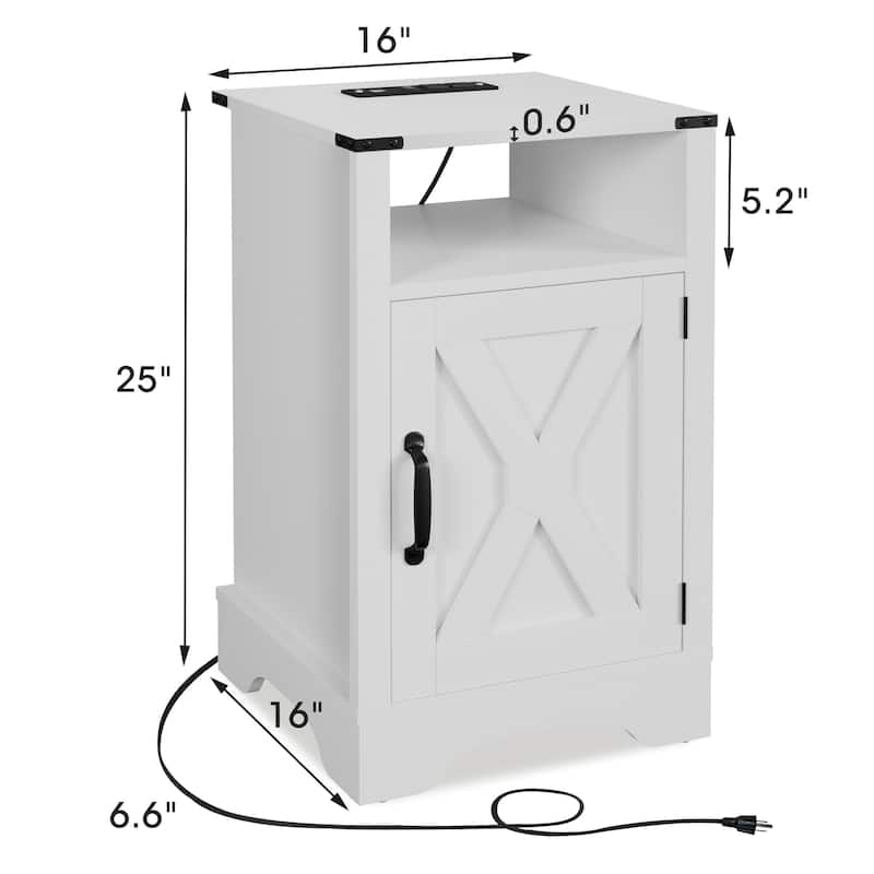 Farmhouse Nightstand with Charging Station and Barn Door (Set of 2)