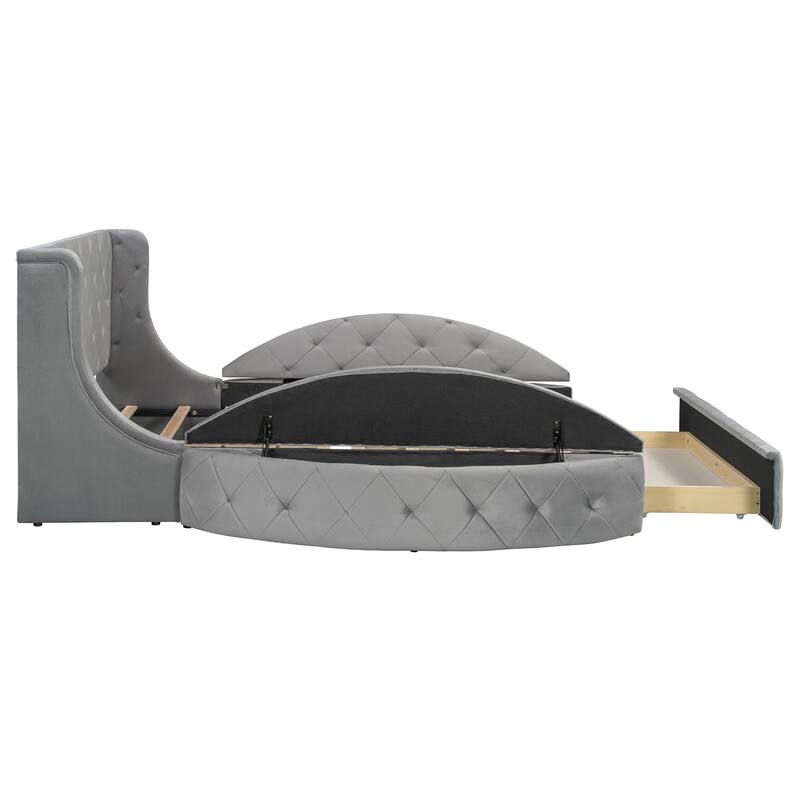 Roomfitters Queen Size Upholstered Platform Bed with Storage Drawer and Velvet Wingback Headboard