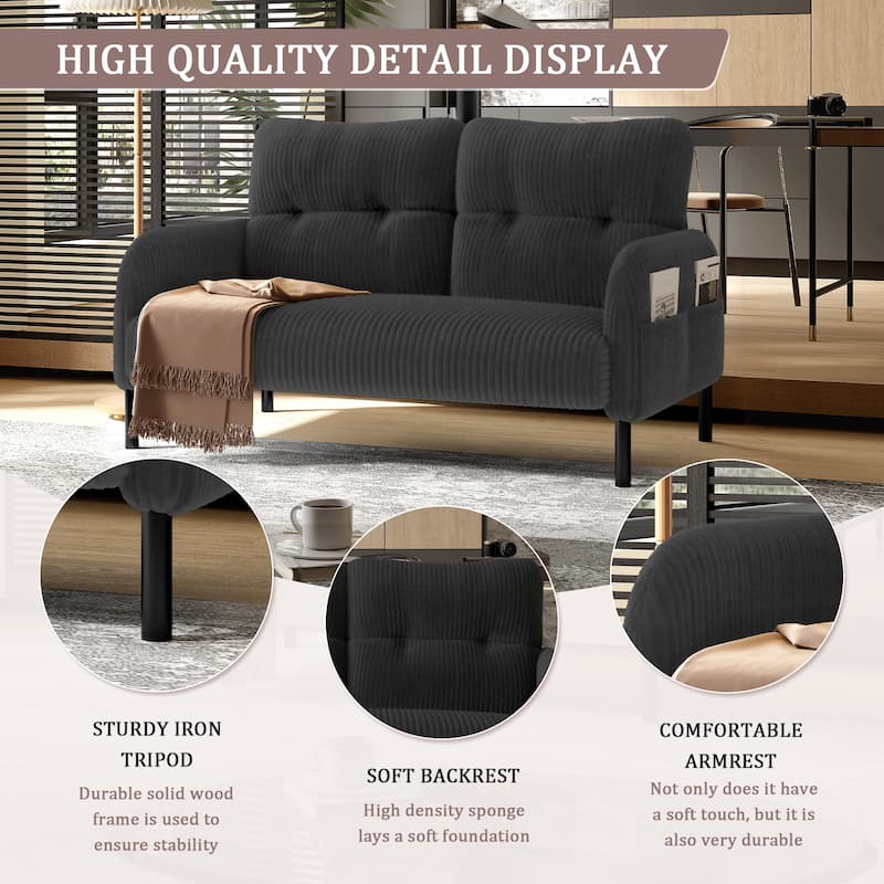 HOMEFUN Corduroy Upholstered Tufted Comfortable Wood Frame Loveseats Sofa with Double Side Pocket