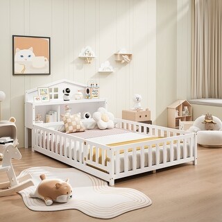 Full Size Montessori Floor Bed with Bookcases & Blackboards Versatile Platform Beds with Guard Rails Open Bed Frame