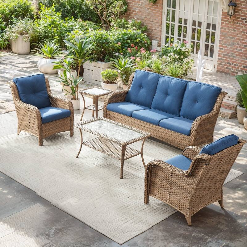 Outdoor Sofa Chair with Coffee Table and Ottoman - Yellow Rattan - Blue Cushion - 5PCS - Patio Chair w/ Sofa Coffee Table