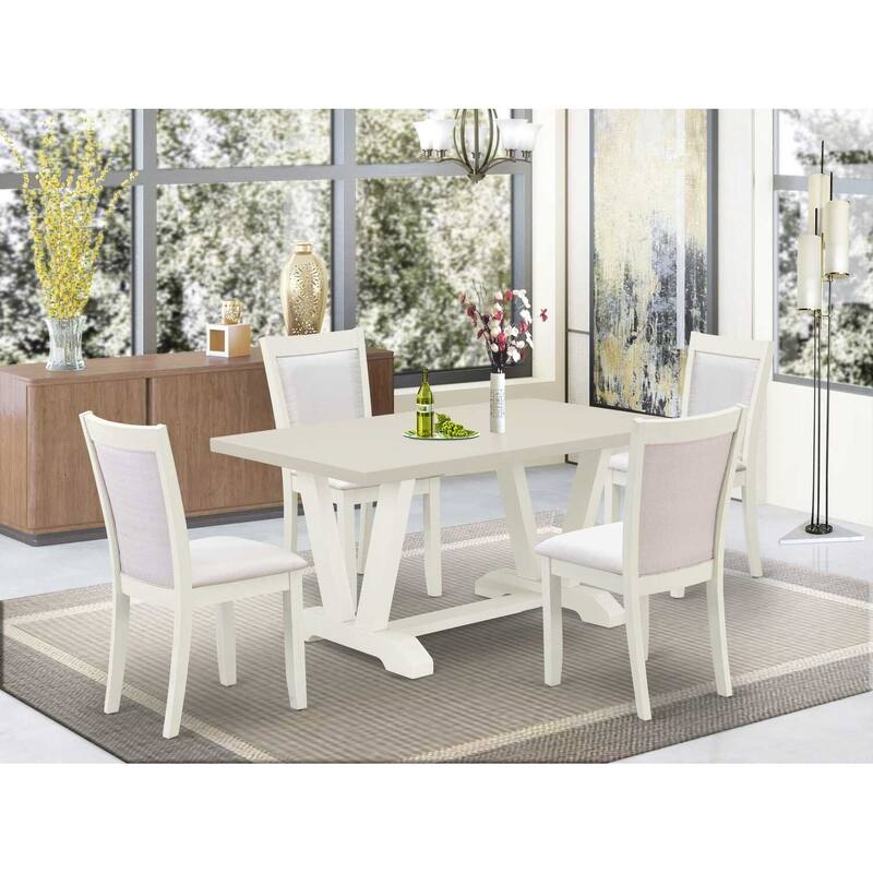 HomeStock 5-Piece Rectangle Wire Brushed Linen White Finish Solid Wood Top Dining Table with 4 Parson Chair