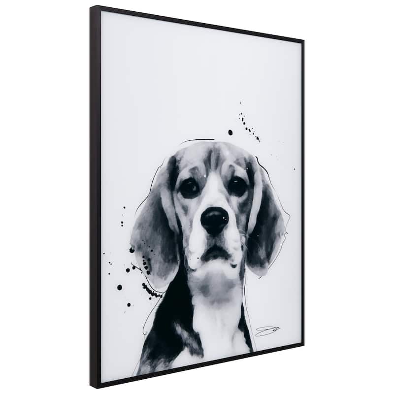 "Beagle" Black and White Pet Paintings on Printed Glass Encased with a Black Anodized Frame