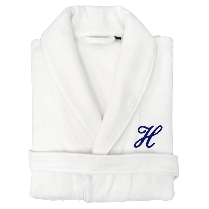 Authentic Hotel and Spa Unisex Navy Blue Monogrammed Turkish Cotton Waffle Weave Terry Bath Robe - H - S/M