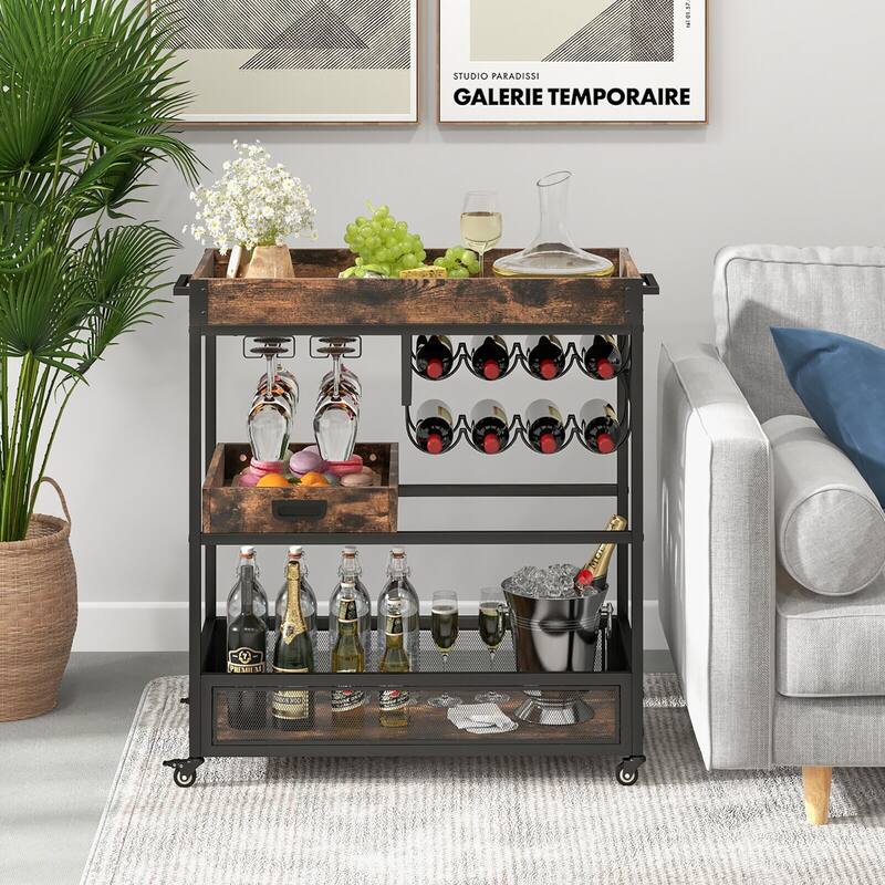 Gymax Rolling Bar Cart 3-Tier Industrial Buffet Serving Trolley w/