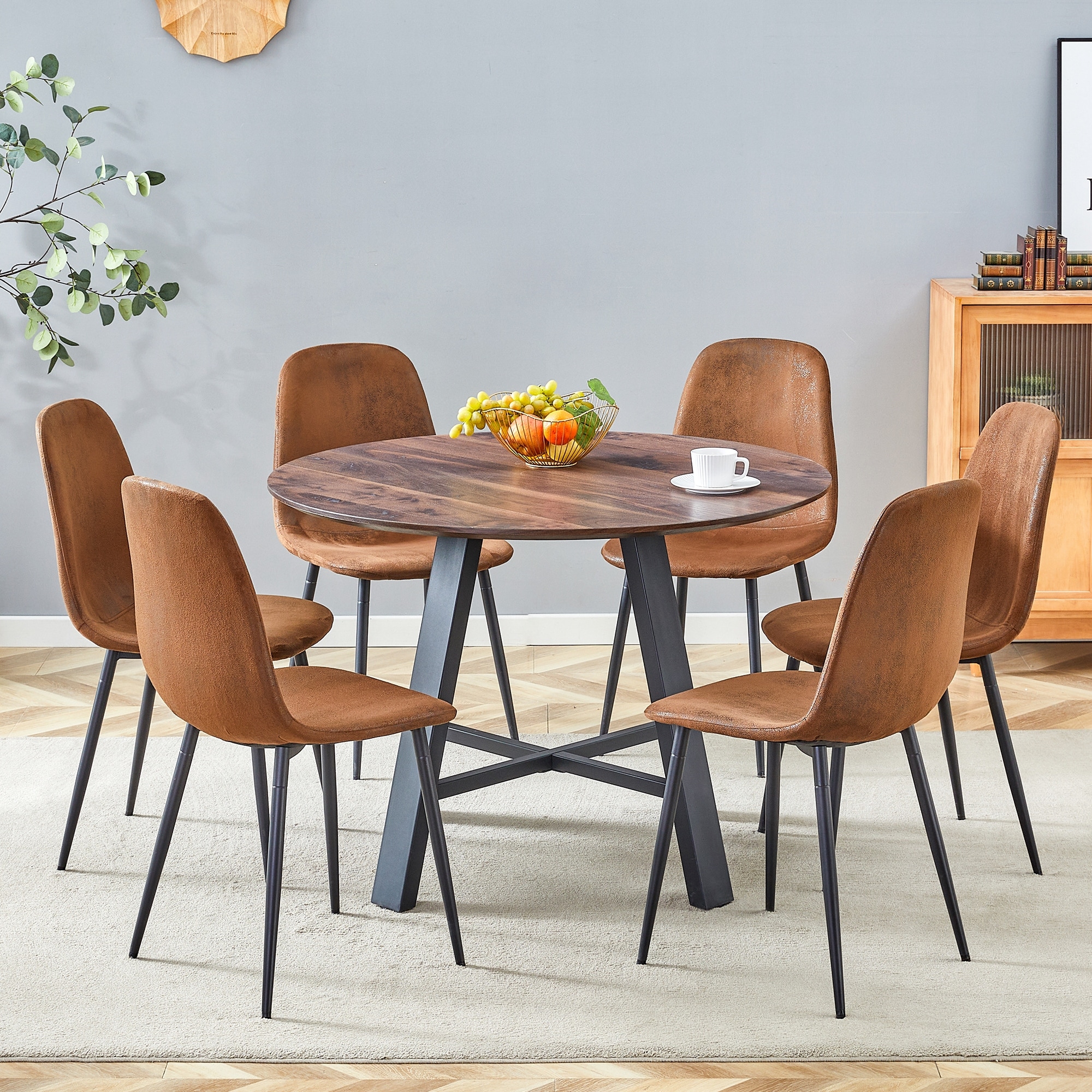 7 Piece Dining Table Set, Kitchen Dining Table Set for 6, Modern Round Wooden Dining Table & Fabric Dining Chairs Set for 6