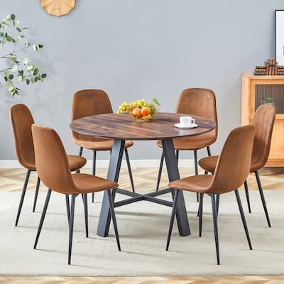 7 Piece Dining Table Set, Kitchen Dining Table Set for 6, Modern Round Wooden Dining Table & Fabric Dining Chairs Set for 6