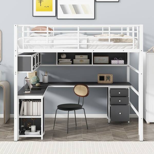 slide 2 of 9, Metal Full Size Loft Bed with Bookcase, Desk and Cabinet White - Full