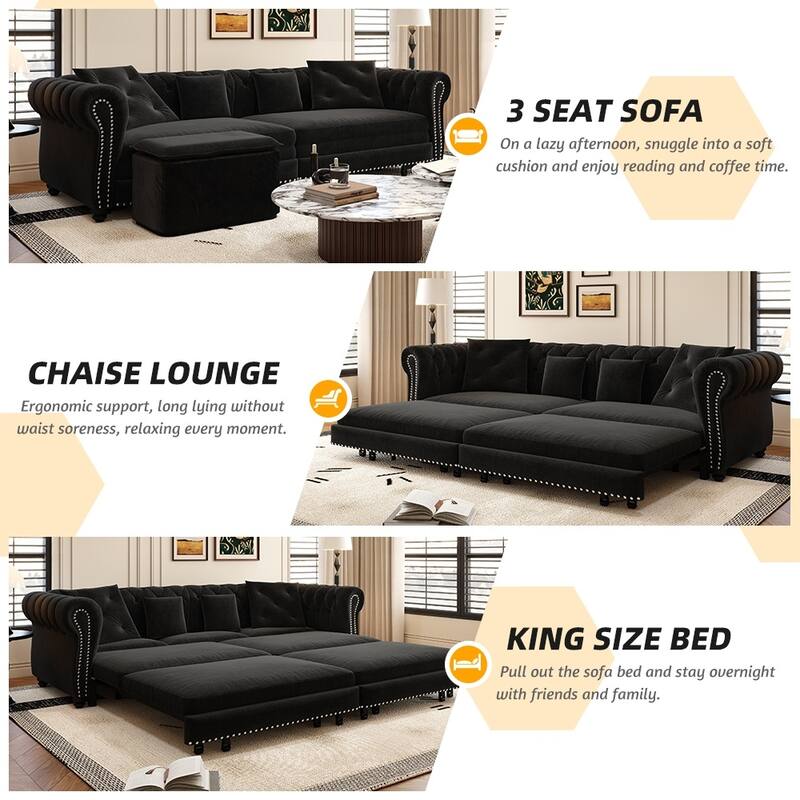 3-in-1 Pull-Out Convertible Sleeper Sofa Bed with Movable Ottoman