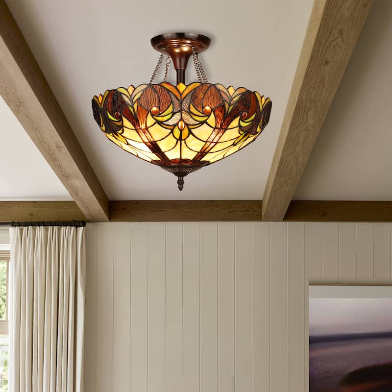 Tiffany Style Victorian Design 2-light Dark Bronze Semi-Flush Fixture - 13.6 inches High