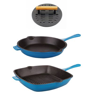 Neo 3pc Cast Iron Set Fry Pan Grill Pan & Slotted Steak Press Blue