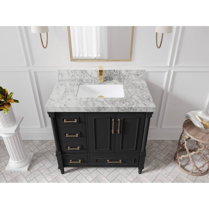 Willow Collections 36 in. W x 22 in. D Aberdeen Center Right Offset Sink Bathroom Vanity with Countertop - 2”Carrara Marble - Black