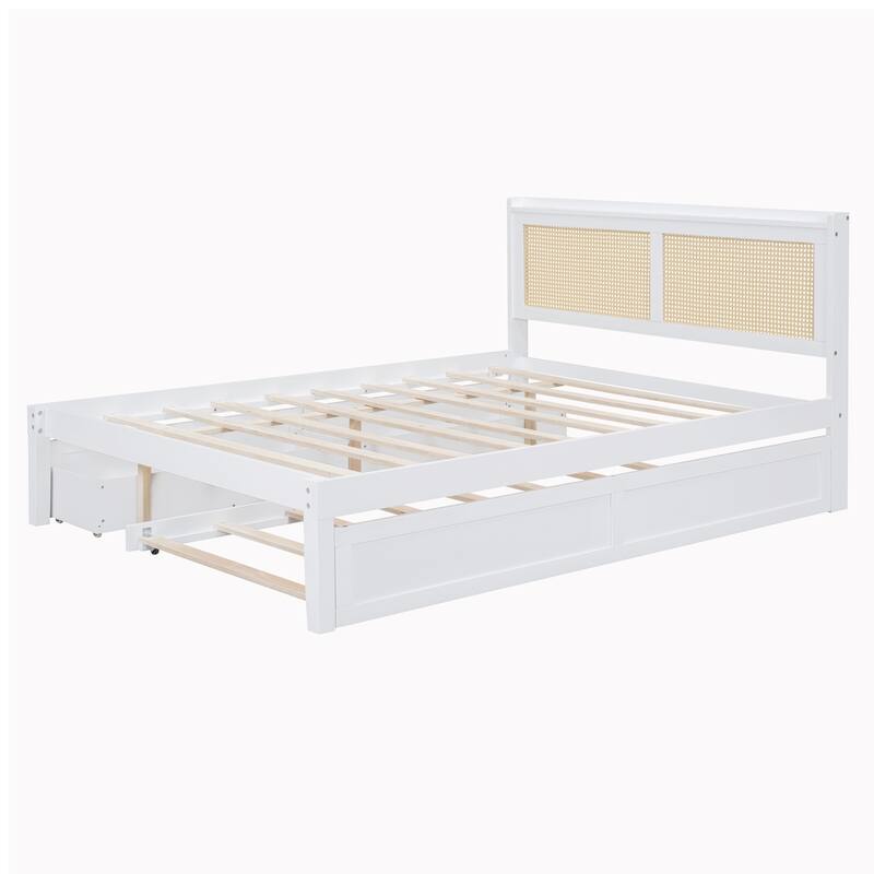 Elegant Bed Frame with Rattan Headboard and Sockets