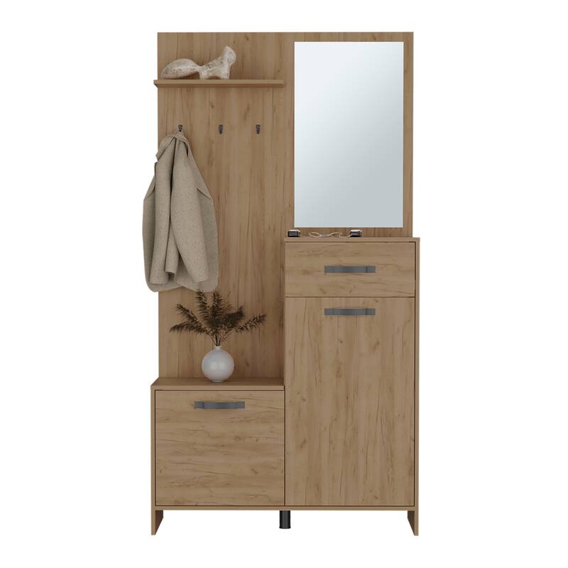 Elegant Hall Tree with 2 Doors, 1 Drawer, 1 Shelf, and Mirror - Practical Storage Solution for Entryways and Hallways