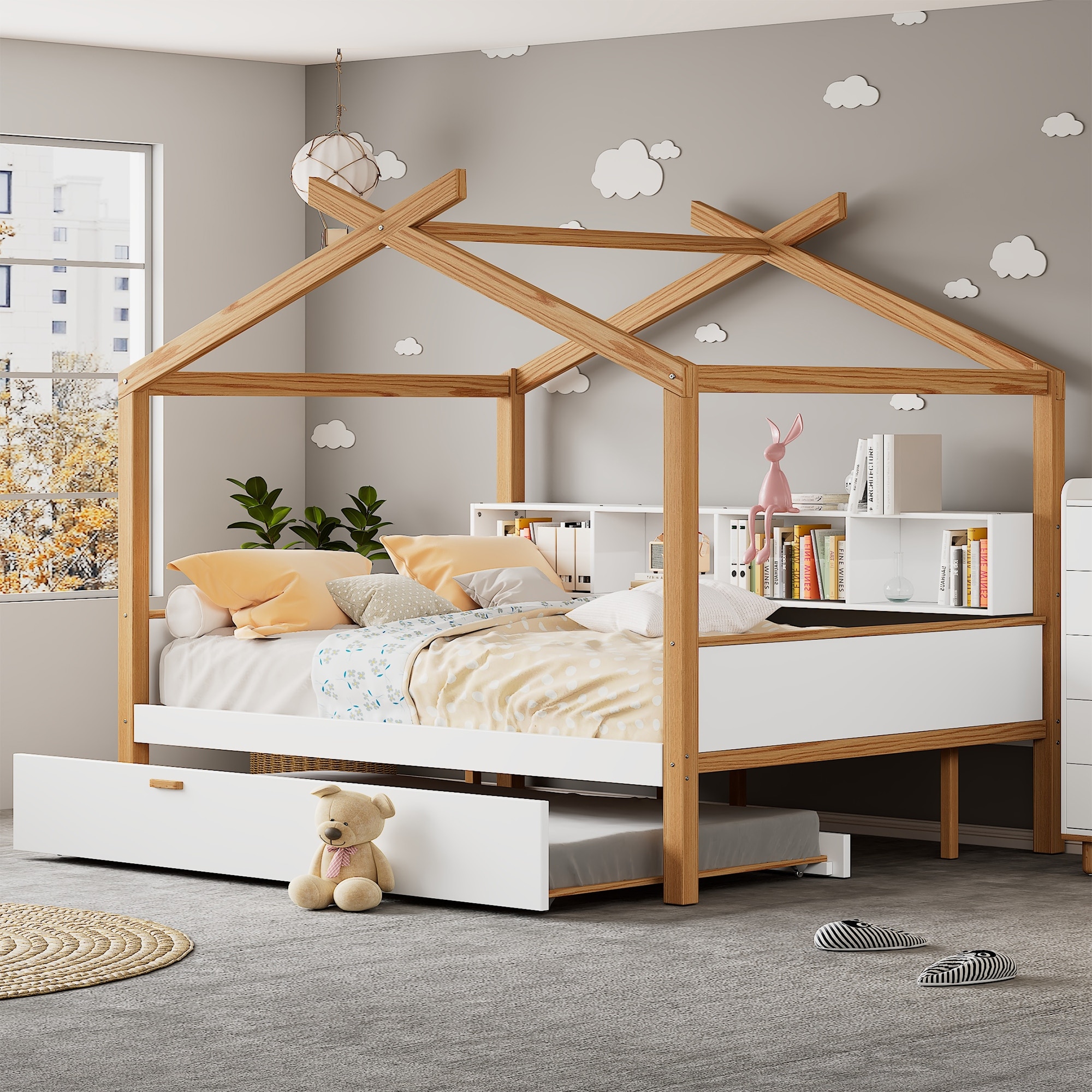 Kids Wooden House Bed with Bookshelf & Trundle