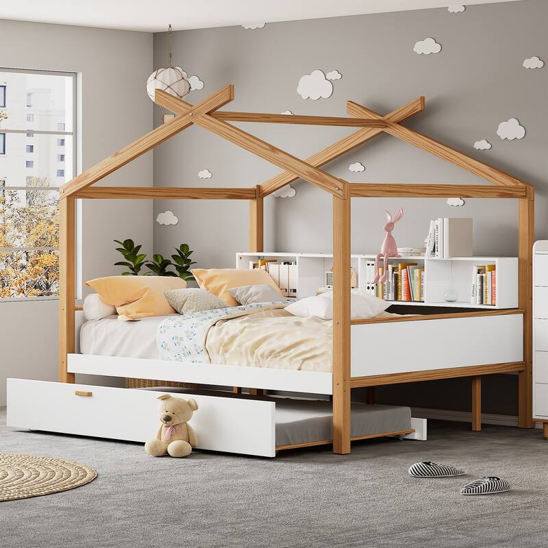 Wooden House Bed with Twin Size Trundle and Bookshelf Storage