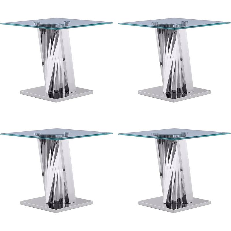 Modern Glass End Table with 24 Inch Square Glass Top and Silver Stainless Steel Geometric Base - 4 End Tables