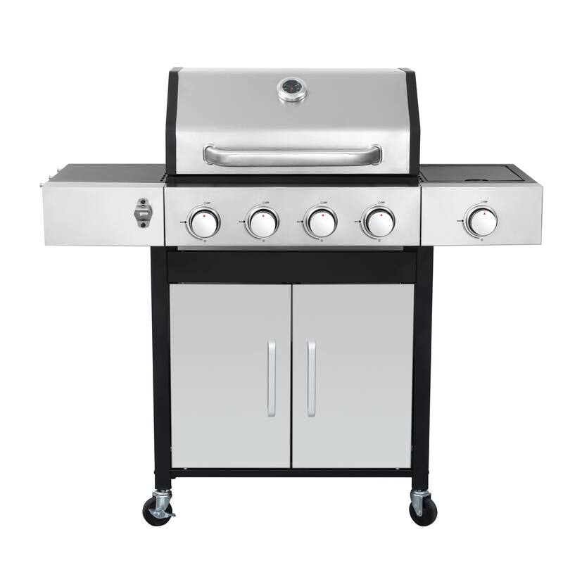 4-Burner Propane Gas Stainless Steel BBQ Grill with Side Burner and Enameled Cast Iron Cooking Grids for Outdoor Barbecue