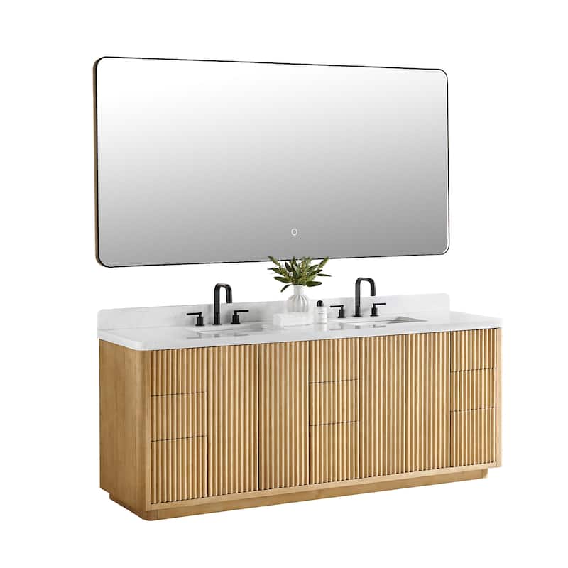Clayton Bathroom Vanity in Washed Light Brown with Grain White Engineered Stone Countertop with Mirror