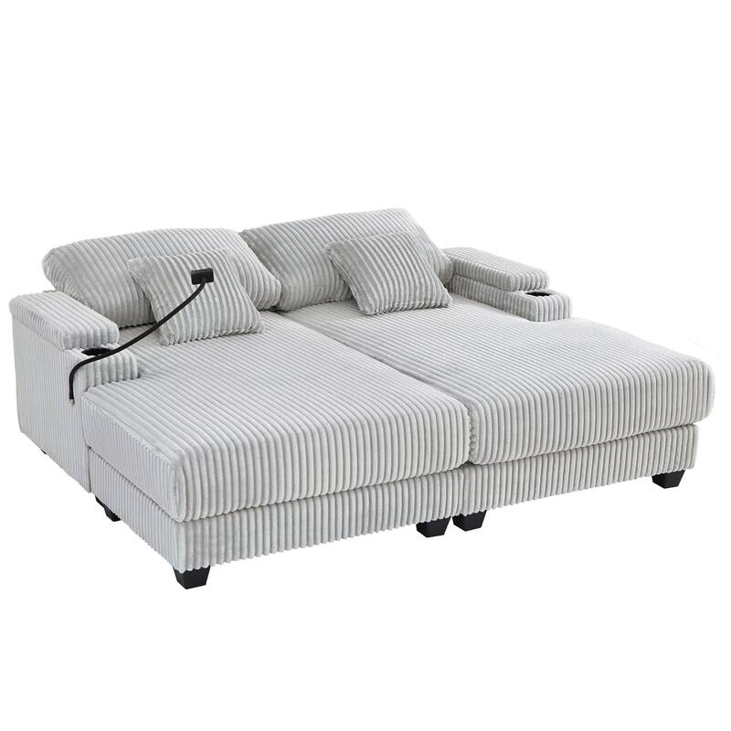 Corduroy Chaise Lounge Sofa Loveseat Sleeper Sofa with Adjustable Backrest, Cup Holders, Phone Holder and Dual Storage Armrest