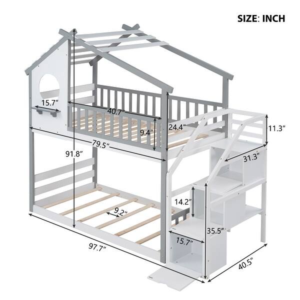 dimension image slide 1 of 2, Stairway Twin over Twin Bunk Bed, House Bed, Storage and Guard Rail, Support with Wooden Boards
