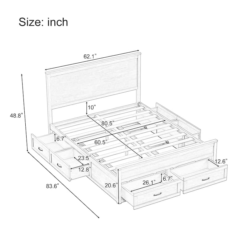 Modern Storage Bed Wood Bed Frame Queen Size Platform Bed with 6 Pull-out Storage Drawers and Panel Headboard Wood Slats Support