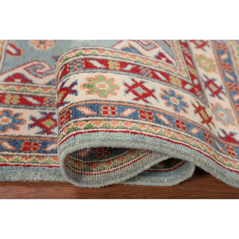 Light Blue Kazak Oriental Foyer Rug Handmade Geometric Wool Carpet - 2'8" x 4'0"
