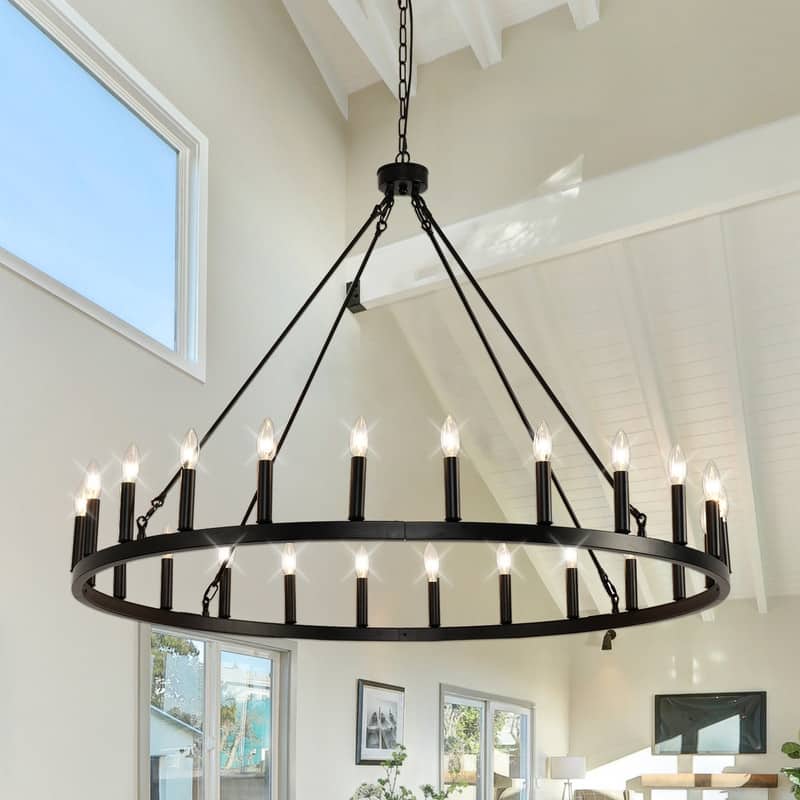 48inch Farmhouse Industrial Round Black Large Wagon Wheel Chandelier - 48 inch - Black-24