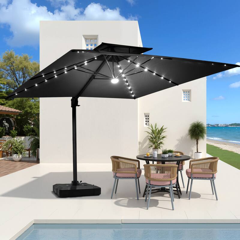 VredHom 9 x 11ft Outdoor Rectangular Dual Top Cantilever Patio Umbrella LED Light with Wheel Base - Black