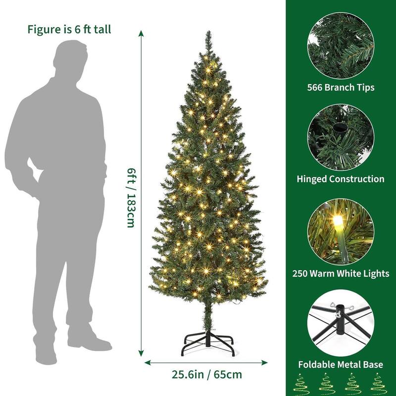 6ft Hinged Slim Artificial Pre-Lit Pencil Christmas Tree with Changing LED Lights