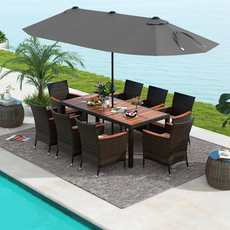 Costway 11 PCS Patio Dining Set with 15ft Double-Sided Patio Umbrella