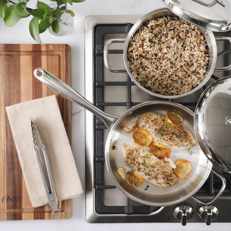 Oster Platinum Sedwick Stackable Stainless Steel Cookware Set W/ Domed Stainless Steel Lids W/ TriPly Encapsulated Base