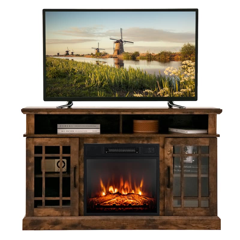 48 Inch Electric Fireplace TV Stand with 2 Side Cabinets and 2 Open Shelves - 48" x 16" x 30" (L x W x H)