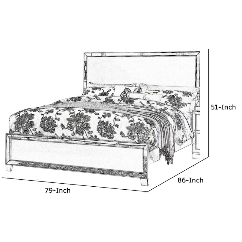 Panel Design Wooden Eastern King Bed with Mirror Trim Accents, Silver