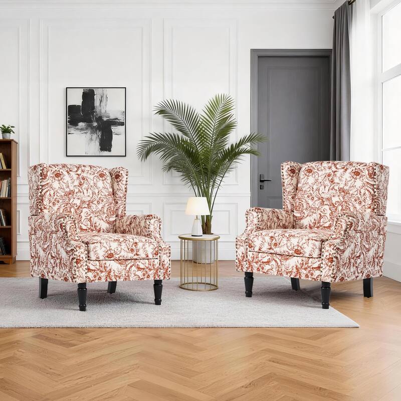 Upholstered Nailhead Trim Armchair Wingback Accent Chairs Set of 2