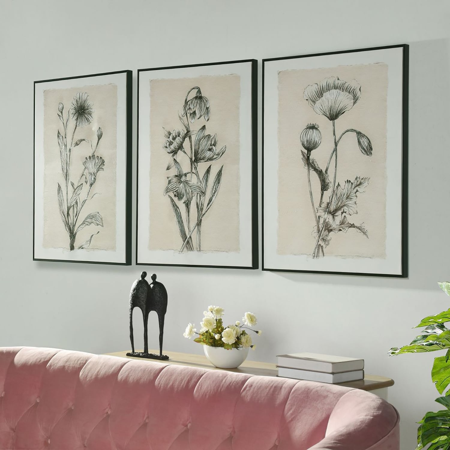 StyleCraft Hand painted Canvas Wall Art - Flowers - Set of 3 - Black and Beige - 30" x 39" - Neutral