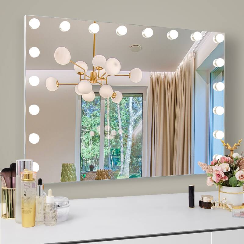 31.5"x 22.8"USB Charging Lighted Makeup Mirror with 18 LED Dimmable Bulbs,3 Color Lights Cosmetic Mirror for Tabletop and Wall