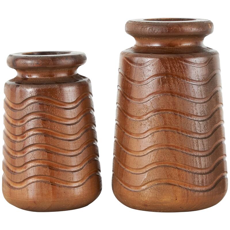 Brown Wood Decorative Vase with Carved Wavy Designs (Set of 2)