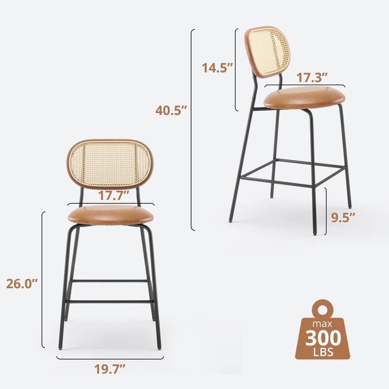 24 in. Rattan Counter Height Bar Stools with Faux Leather Seat (set of 2)