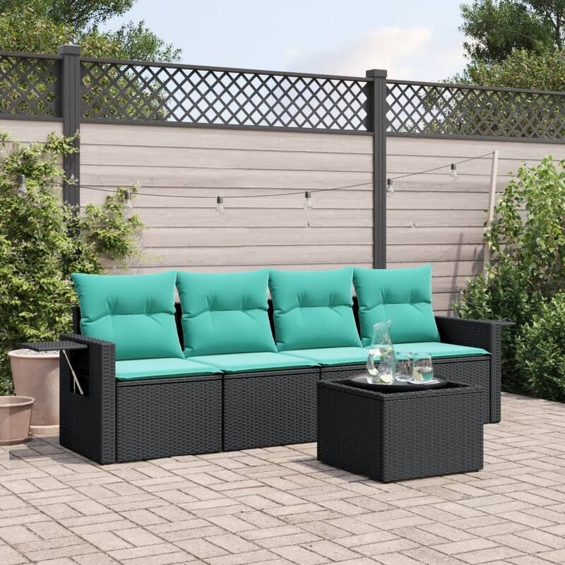 vidaXL 5 Piece Patio Sofa Set with Cushions Black Poly Rattan - 21.7 x 24.4 x 27.2