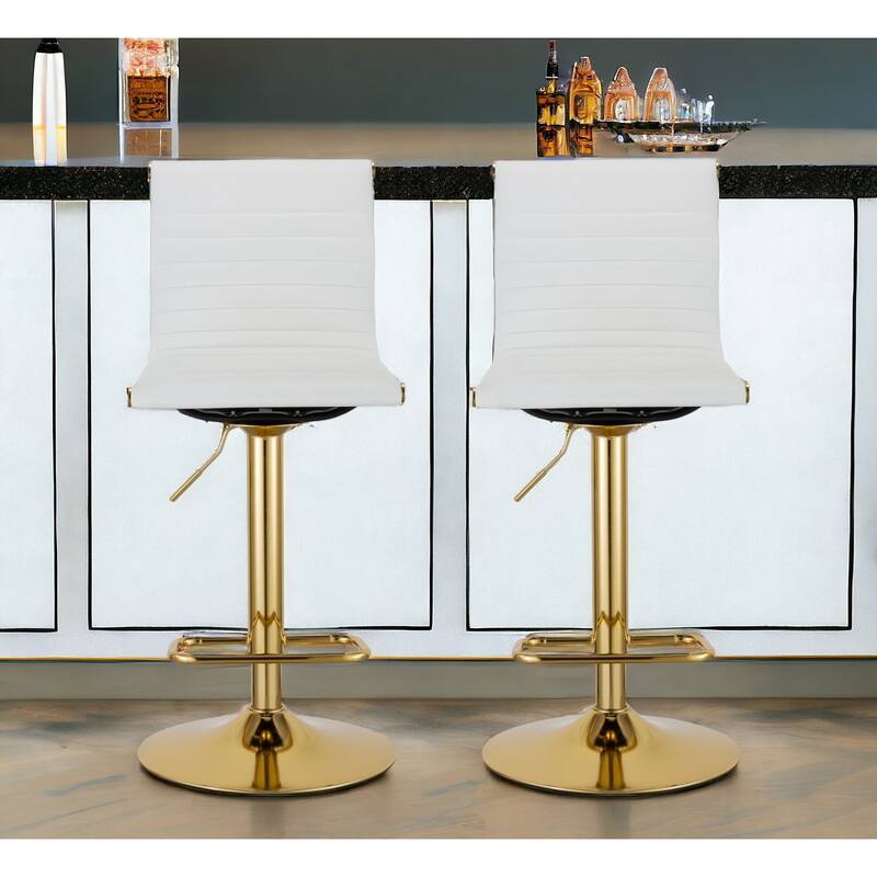 Set of Two White And Gold Faux Leather And Metal Low Back Adjustable Height Bar Chairs - White