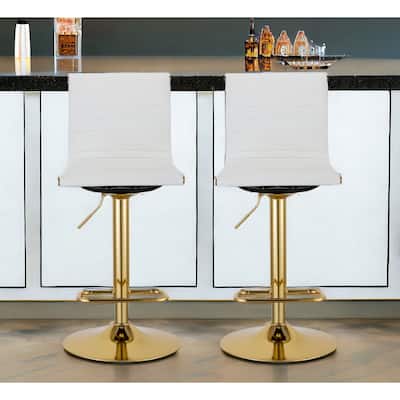 Set of Two White And Gold Faux Leather And Metal Low Back Adjustable Height Bar Chairs