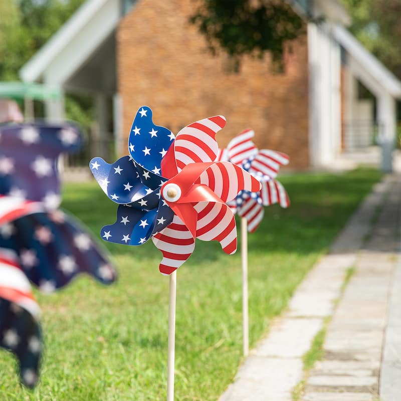 Glitzhome 32"H Set of 3 Plastic Stars&Stripes Patriotic Americana Windmills