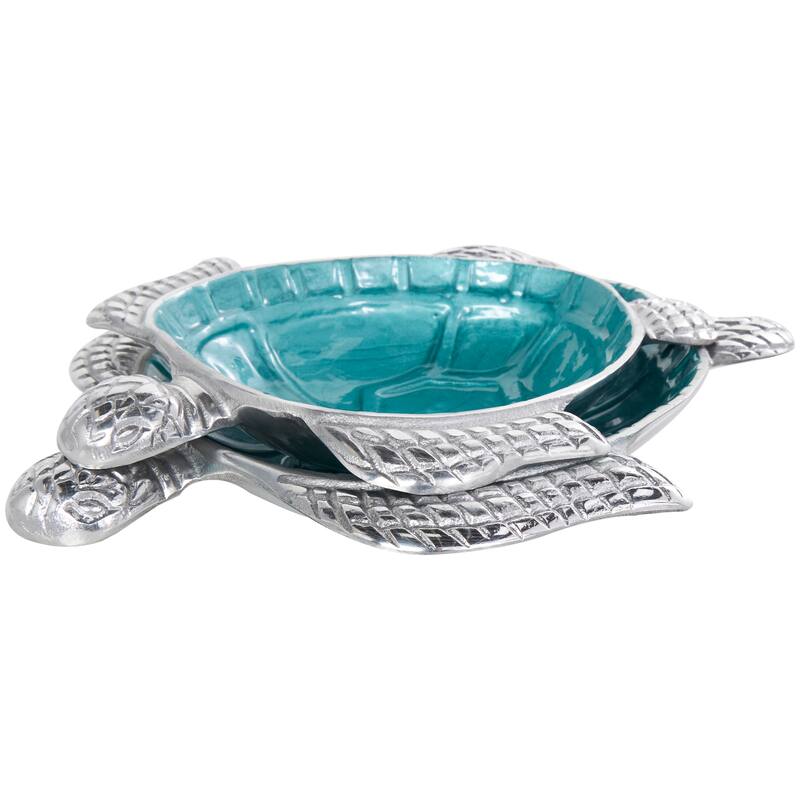 Aluminum Metal Enameled Turtle Decorative Bowl with Silver Metal Exterior (Set of 2)