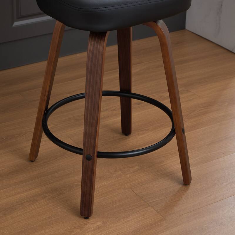 360° Swivel Bar Stools Set of 2 Faux Leather Counter Height Barstools with Walnut Back, Bentwood Legs and Metal Footrest