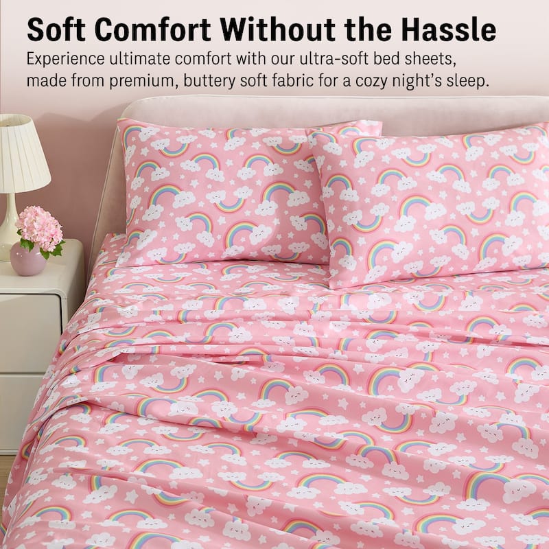 HLC.ME Printed Kids Bed Sheets - Patterned Bed Sheet Set - Wrinkle Resistant & Ultra Soft - For Mattresses up to 15 Inches Deep
