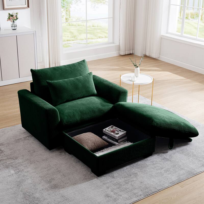 Modern Living Room Chair, Upholstered Fabric Accent Armchair, Corduroy Single Sofa Chair with Ottoman for Office/Bedroom - Green