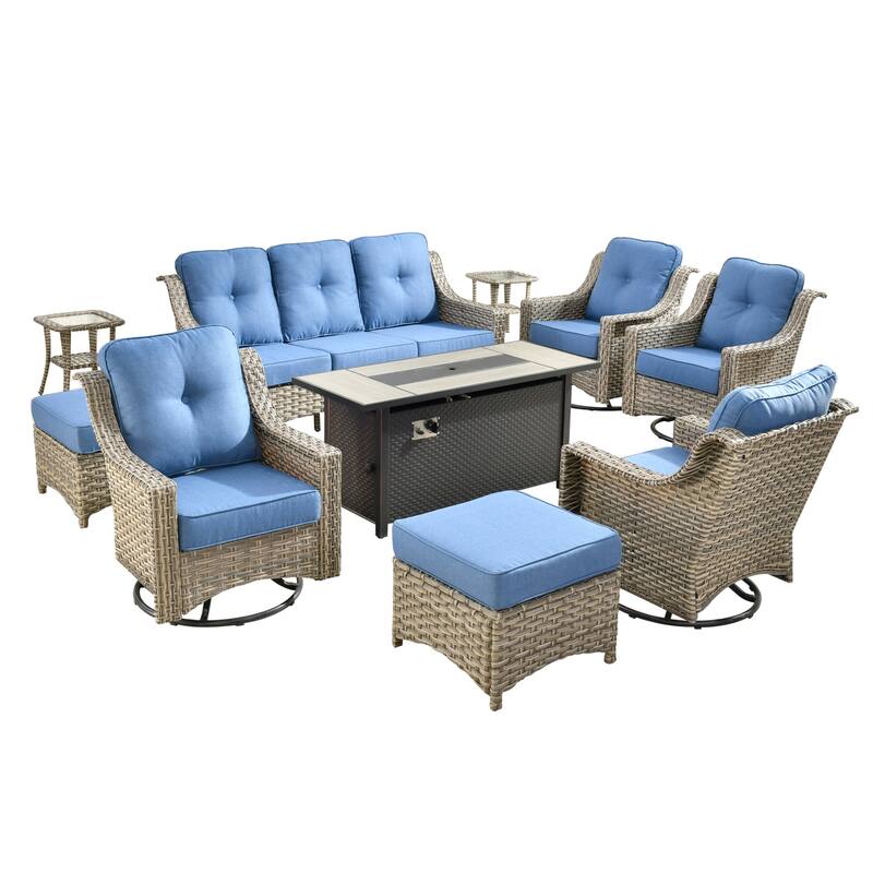 HOOOWOOO 10-piece Wicker Outdoor Patio High Back Swivel Chair Set with Fire Pit