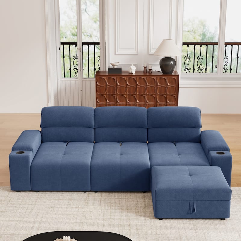 Down Filling Modular Deep Seat Couch L-shaped Sectional Sofa with Adjustable Backrest, Cup Holders, Storage Armrests and Ottoman